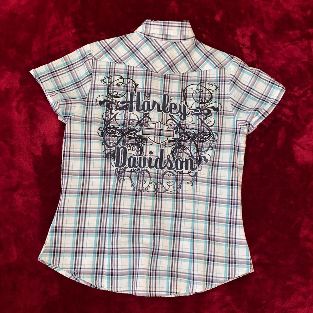 Small Short Sleeve Snap Up Front Harley Davidson Blue White Black Little Stretch